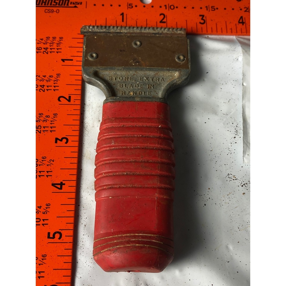 Vintage Red Handle Razor Blade Paint Scraper Tool Blade Storage 6" Unbranded